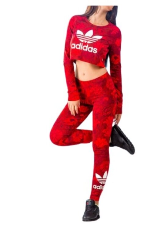 adidas Originals Pants - Adidas Womens Soft Stretch Knit Leggings Red Floral Logo Cotton M
